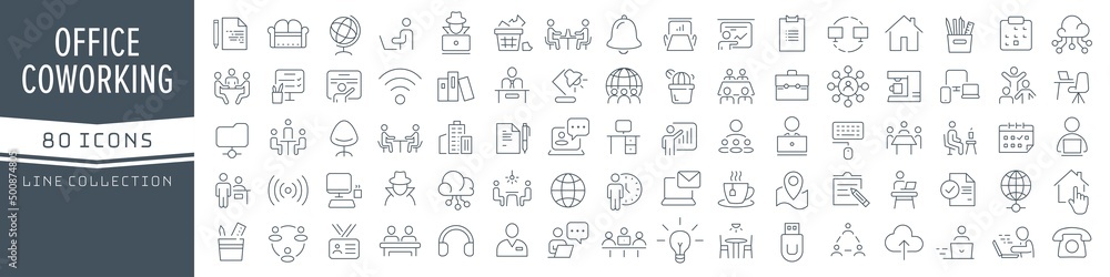 Aufkleber office and coworking line icons collection. big ui icon set in a flat design. thin outline icons pac