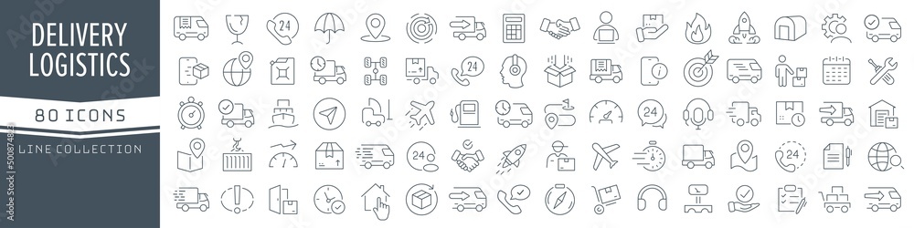 Poster delivery and logistics line icons collection. big ui icon set in a flat design. thin outline icons p