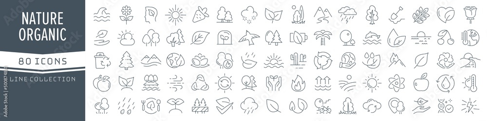 Poster nature and organic line icons collection. big ui icon set in a flat design. thin outline icons pack.