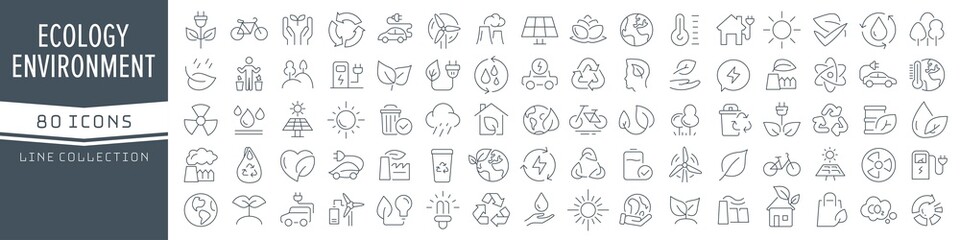 Ecology and environment line icons collection. Big UI icon set in a flat design. Thin outline icons pack. Vector illustration EPS10 - obrazy, fototapety, plakaty