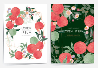  Vector illustration of a frame set with apple fruits and flowers. 	