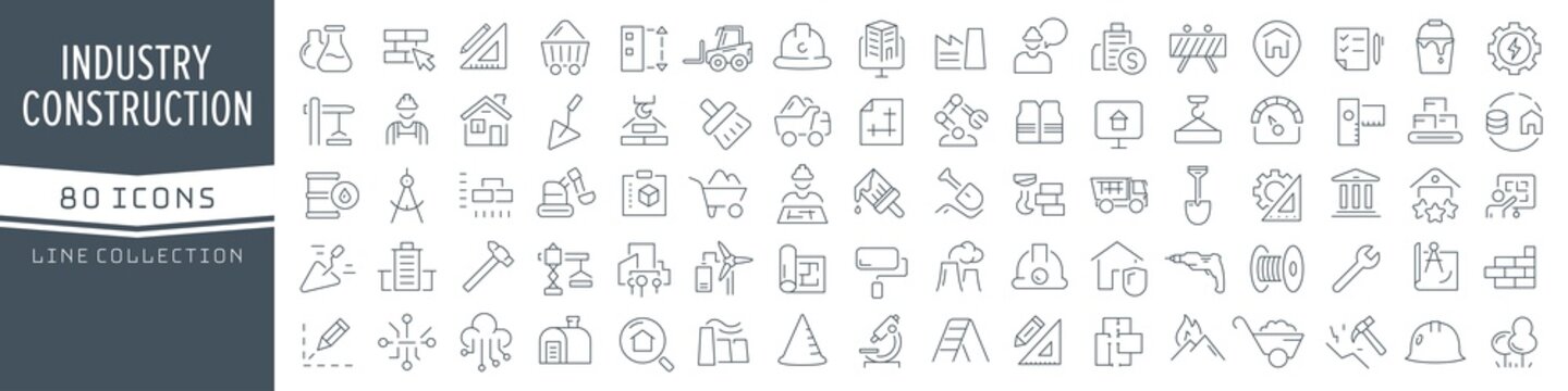 Industry and construction line icons collection. Big UI icon set in a flat design. Thin outline icons pack. Vector illustration EPS10