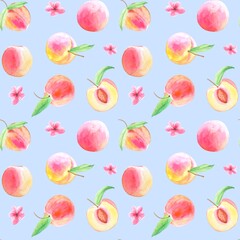 Watercolor seamless peaches pattern. Hand drawn watercolor illustration.