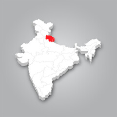 3D Map of India and the Location of the State of Uttarakhand Marked in Red.