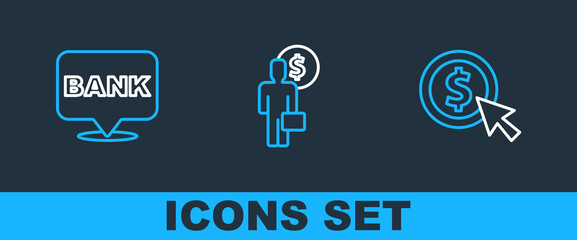 Set line Coin money with dollar, Bank building and Business man planning mind icon. Vector