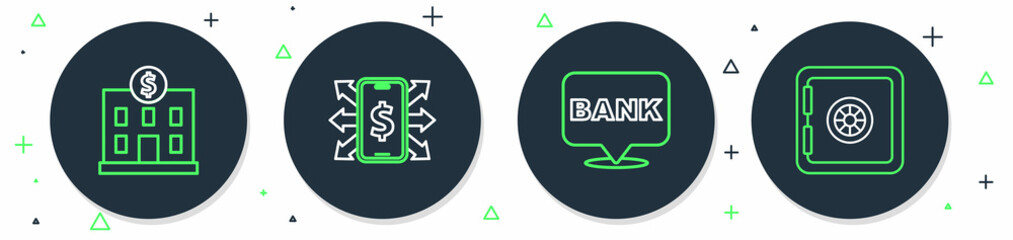 Set line Smartphone with dollar, Bank building, and Safe icon. Vector