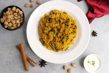 Soya chunks Biryani. Basmati rice cooked with Soyabean or Soya vadi along with spices and...