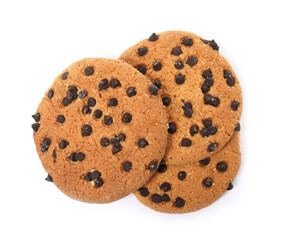 Delicious chocolate chip cookies on white background, top view