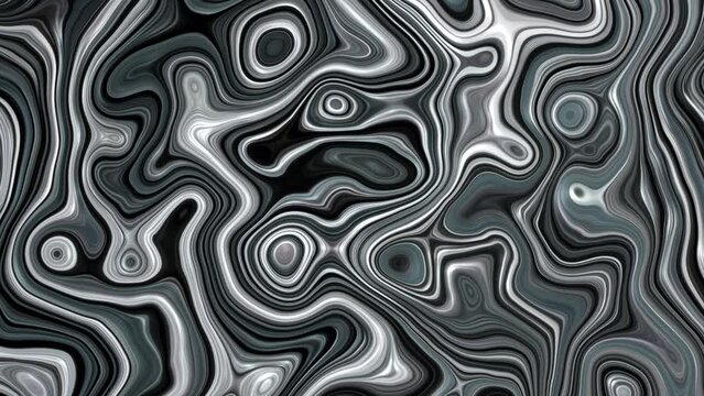 Slow movement liquid metal quicksilver texture. Fluid abstract silver grey swirl background video. 3840x2160 4K 30 Fps.