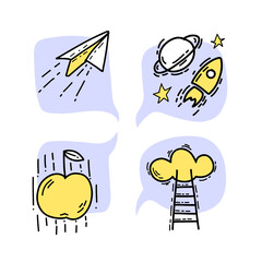 Set concept pictograms of illustration creative symbol in doodle style blue and yellow color. Paper plane, space rocket, falling apple,ladder to the cloud