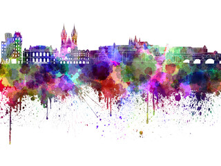 Prague skyline in watercolor on white background