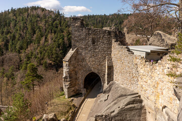 Entrance to ruined monastery of Oybin from above. Saxony. Germany