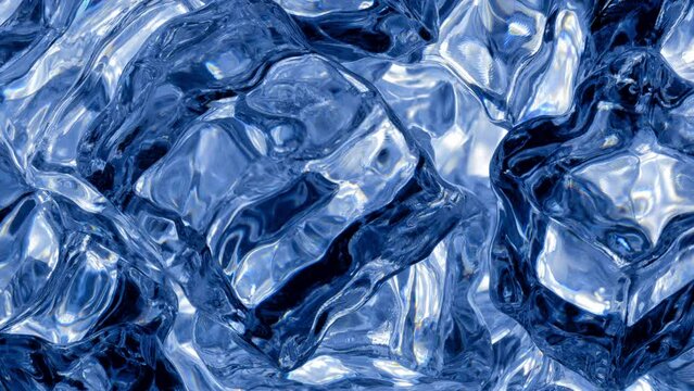 Melting ice cubes. Slow movement liquid cold texture. Fluid abstract cool blue swirl background video. 3840x2160 4K 30 Fps.