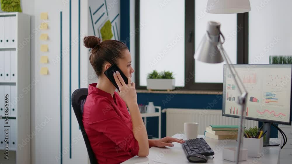 Poster executive manager using smartphone to call consultant, doing work collaboration on business strategy