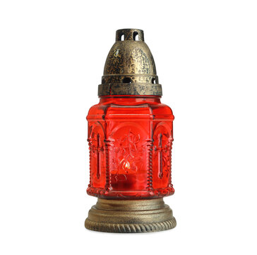 Red Grave Light With Burning Candle Isolated On White. Symbol Of Remembrance
