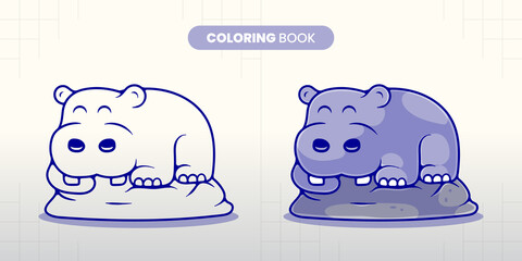 hand drawn cute hippo sleeping on a rock illustration coloring book for children to fill in - obrazy, fototapety, plakaty
