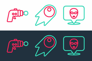 Set line Alien, Ray gun and Comet falling down fast icon. Vector