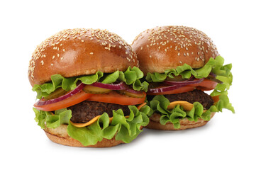 Yummy burgers with patties, cheese, fresh vegetables on white background. Fast food