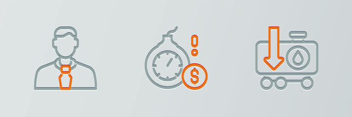 Set line Drop in crude oil price, Worker and Money bomb dollar crisis icon. Vector