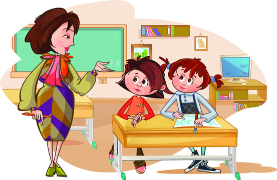 School. Drawing lesson. Two girls at the table. The girls are painting. Pencils and paper. Girl with pigtails. Girl in a red sweater. The teacher speaks. Teacher and schoolgirls.