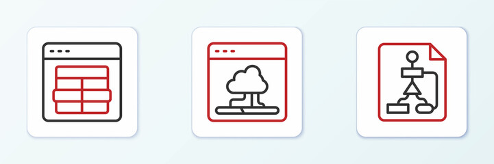 Set line Flowchart, MySQL code and Cloud technology data transfer icon. Vector