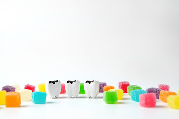 Naklejka premium Decay tooth and cubes sweet sugar candy on white background, eat sweet food a lot made toothache and cavities tooth 