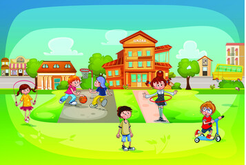 School. Schoolyard. Children in the school yard. Kids are playing. Girl on a skipping rope. Boy on a scooter. Boys playing basketball. The girl spins the hoop. School building. Beautiful landscape.
