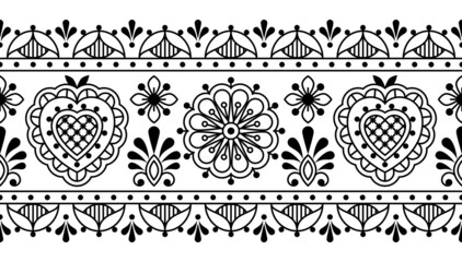 Nordic and Scandinavian folk art outline vector seamless long pattern with flowers and border in black and white, floral decorative textile or fabric print design with flowers inspired by old embroide © redkoala
