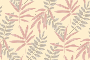 Delicate pastel botanical print with tropical leaves on a light background. Seamless pattern with exotic foliage in a watercolor style. Feminine surface design. Vector illustration.