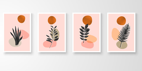Set of wall art. Story of foliage watercolor art drawing with abstract organic shape composition. Leaf branch vector illustration.