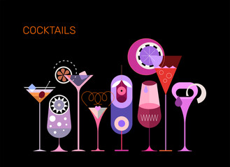 Cocktails 
Row of eight different cocktail glasses, color designs isolated on a black background. Decorative design elements are on a separate layers in vector EPS 10. 