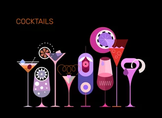 Poster Cocktails Rij van acht verschillende cocktailglazen, kleurontwerpen geïsoleerd op een zwarte achtergrond. Decoratieve ontwerpelementen bevinden zich op afzonderlijke lagen in vectoreps 10. ©  danjazzia