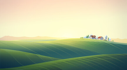 Rural spring landscape with village, and hills from sunrise background. Raster illustration.