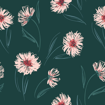Seamless pattern with simple sketch flowers, wild plants on a dark field. Casual floral print, artistic botanical background with simple design. Vector illustration.