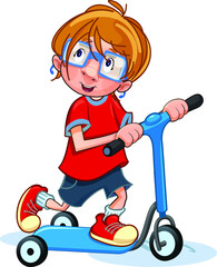 School. Schoolyard. Children in the school yard. Kids are playing. Children on the move. Boy on a scooter. Boy with glasses. Blue scooter. Red-haired boy in a red T-shirt. In red sneakers.