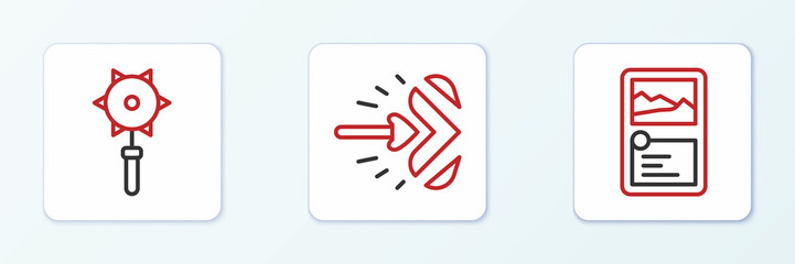 Obraz premium Set line Card game collection, Medieval chained mace ball and Magic arrow icon. Vector