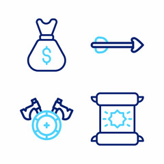 Set line Decree, parchment, scroll, Medieval shield with axe, Arrow and Old money bag icon. Vector