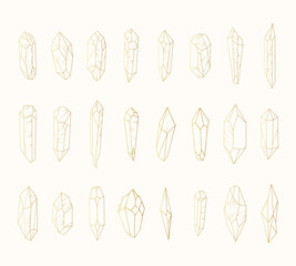 Crystals big golden set.  Simple mineral line icons isolated on white background.   Hand drawn esoteric vector illustration.