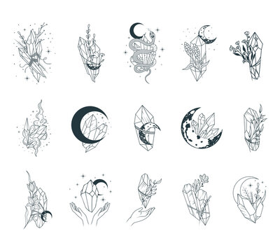 Floral and moon crystals collection. Celestial crystals, crescent moon, flowers isolated set. 15  hand drawn vector magic elements in boho style.