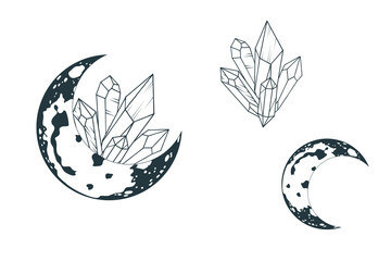 Moon silhouette and crystals. Hand drawn isolated set of  magic design elements. Vector illustration  for witchcraft.