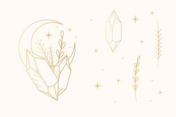 Golden celestial crystals, moon and twigs. Hand drawn mystical isolated set. Vector illustration in boho style.