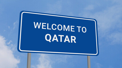 Welcome to Qatar Road Sign on Clear Blue Sky 