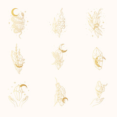 Celestial floral and moon crystals collection. Golden crystals, crescent moon, flowers isolated set. 9 hand drawn vector magic elements in boho style.