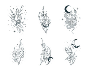 Floral and moon crystals collection. Celestial crystals, crescent moon, flowers isolated set. 6 hand drawn vector magic elements in boho style.