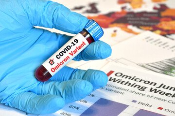 Obraz premium The doctor holds a blood test tube for the detection of the Omicron variant of the Covid-19 virus with positive result with various clinical documents on background