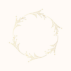 Golden floral round frame. Hand drawn vector wreath with herbs for wedding invitations and greeting cards.