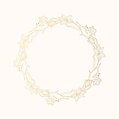 Golden floral round frame. Hand drawn vector wreath with flowers for wedding invitations and greeting cards.