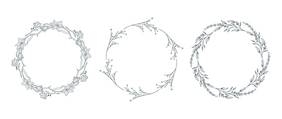 Set of three round flower frames. Hand drawn vector illustration for wedding invitations and greeting cards.