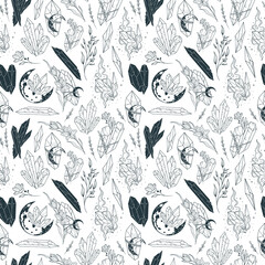 Celestial floral and moon crystals seamless pattern. Hand drawn linear illustration for wrapping paper, textile and background.