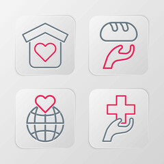Set line Heart with cross, Hand holding Earth globe, Donation food and Shelter for homeless icon. Vector